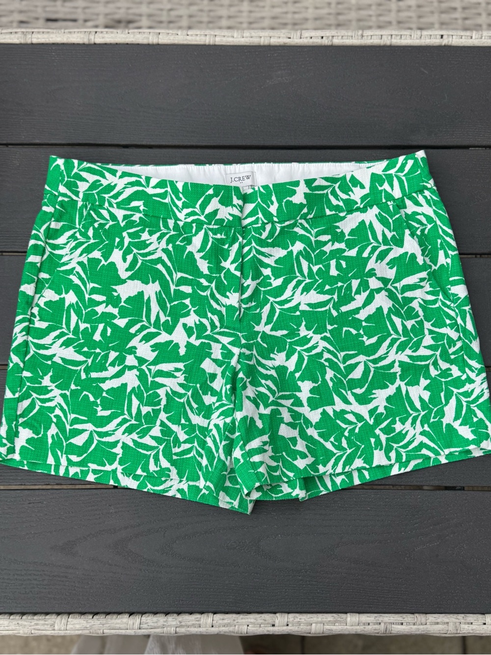 J. Crew Green and White Leaf-Print High-Waist Shorts